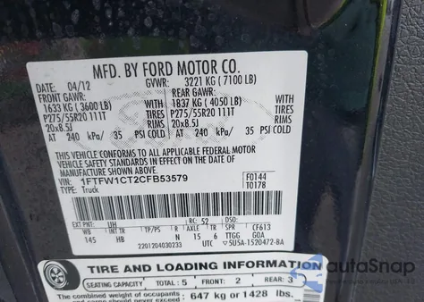 2012 Ford F-150 Lariat из США, поврежденный, VIN 1FTFW1CT2CFB53579